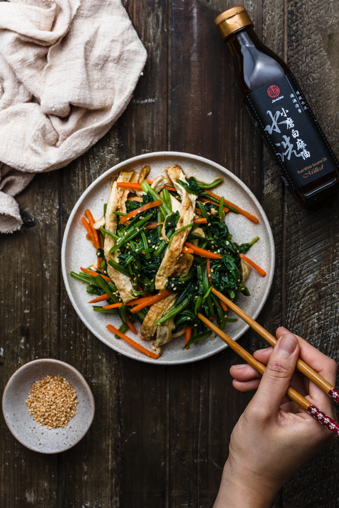 涼拌菠菜豆皮×真老麻油:低溫純小磨白麻油,台灣花生醬香蕉冰淇淋+布朗尼 (Vegan 全植物,純素) 19 真老麻油 涼拌菠菜豆皮